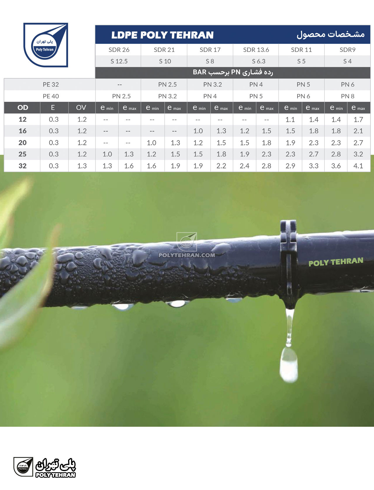 جدول مشخصات لوله پلی اتیلن آبیاری
